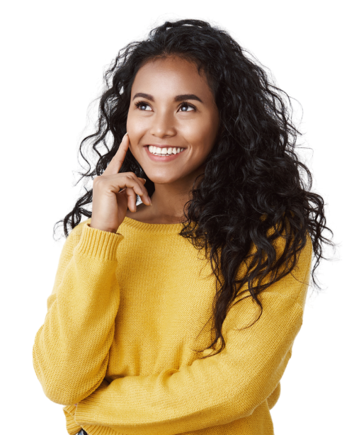girl-looking-pleased-nodding-with-acceptance-good-looking-dark-skinned-woman-with-curly-hair-touch-cheek-smiling-thoughtful-look-upper-left-corner-satisfied-like-copy-space